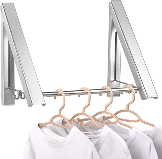 Clothes Drying Rack Folding Indoor, Wall Mounted Drying Racks for Laundry | Double Foldable Clothing Rack w/ Extension Rod, Small Collapsible Folding Garment Racks Dorm Accessories (Sliver)