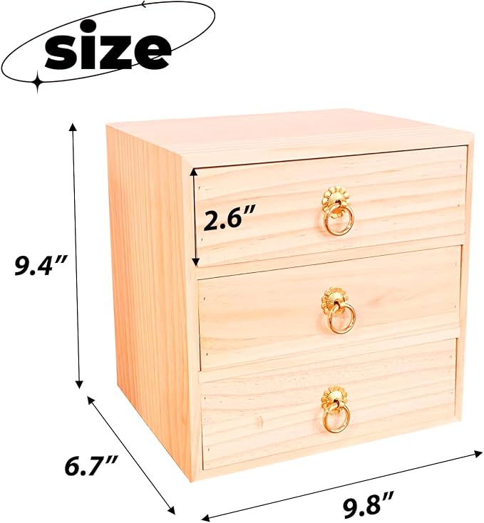 3 Layer Natural Wooden Storage Box Organizer Desk Accessories | Efficient Office Storage Drawers Cabinet Organizer Box Tabletop Organizer with Metal Handle for Home Office Counter Kitchen
