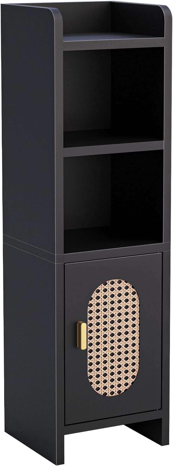 Small Bathroom Storage Cabinet, Narrow and Slim Storage Cabinet with Rattan Door and Adjustable Shelves, Corner Floor Bathroom Organizers and Storage for Small Space, Black HSC001B