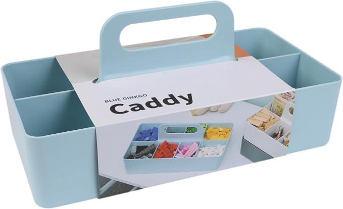 BLUE GINKGO Stackable Organizer Caddy – Korean-Made Portable Tote for Bathroom, Office, Crafts, or School Supplies (Long Rectangle, Blue)