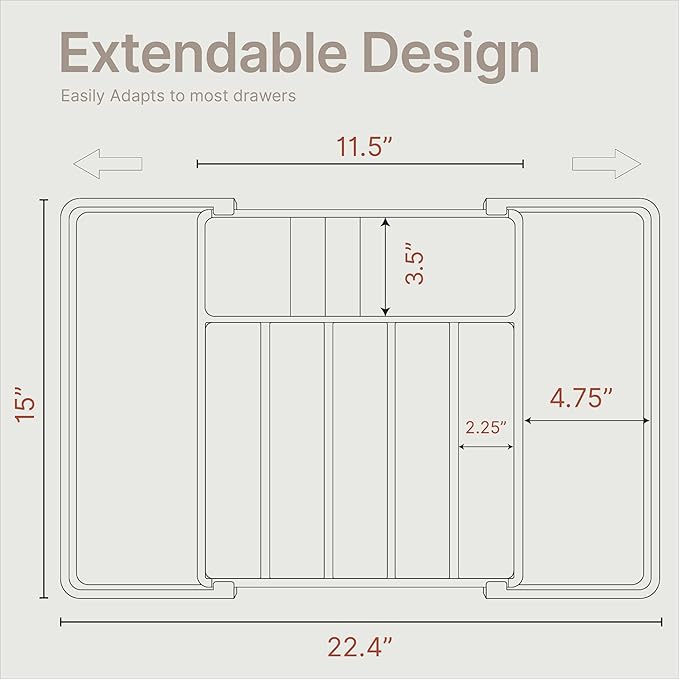 Black Expandable Utensil Drawer Organizer 2 Pack, Adjustable 13” to 22.4”, 8 Compartment Silverware Organizer for Kitchen Utensils, Spatulas, Cutlery, and Tools, Easy to Clean, Durable, and BPA-Free