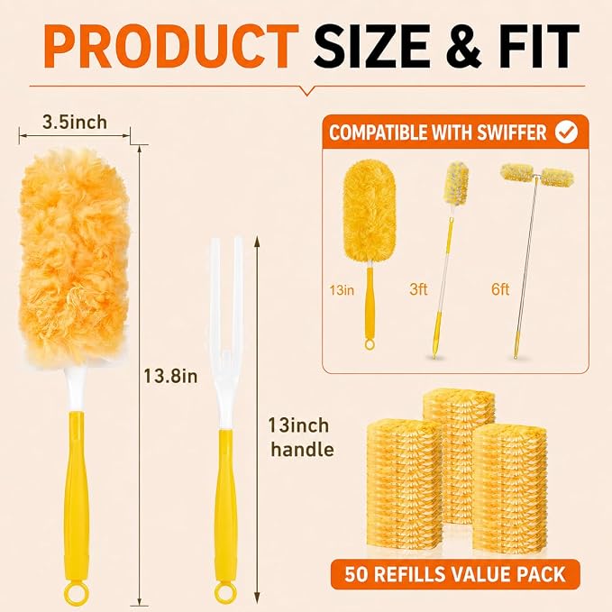 Duster Refills for Swiffer, 50 Pack & 1 Handle, Disposable | 360° Heavy Duty Microfiber | 4X More Fibers | Cleans Blinds, Ceiling Fans & Pet Hair | Fits Most Handles | Multi-Surface