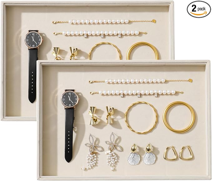 Large Velvet Jewelry Tray 2 Pack Stackable Jewelry Display Drawer Inserts Trays Organizer for Earring Bracelet Necklace Ring (Beige, 1 Grid)