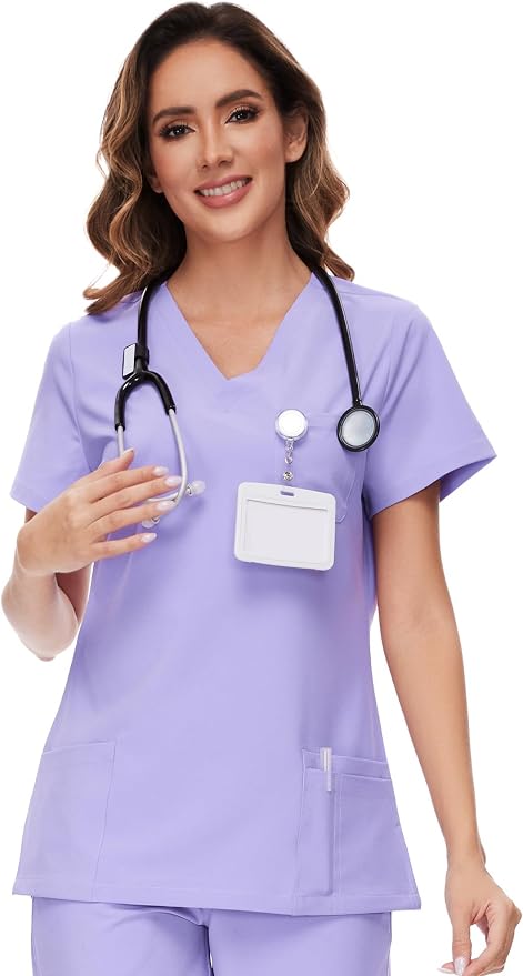 Scrubs Tops for Woman - Soft Stretch, V-Neck Tops | 3 Pockets, Side Split Design, Short Sleeve, Breathable & Lightweight Nursing Shirt, Easy-Care Fabric for All-Day Comfort