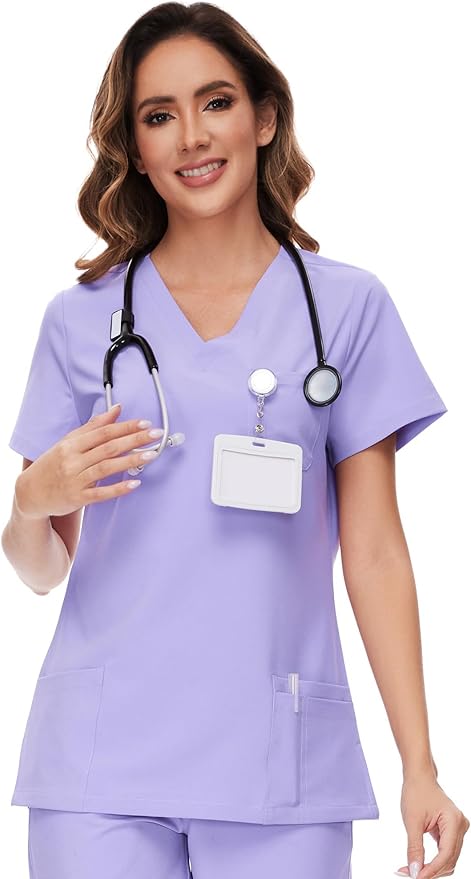 Scrubs Tops for Woman - Soft Stretch, V-Neck Tops | 3 Pockets, Side Split Design, Short Sleeve, Breathable & Lightweight Nursing Shirt, Easy-Care Fabric for All-Day Comfort