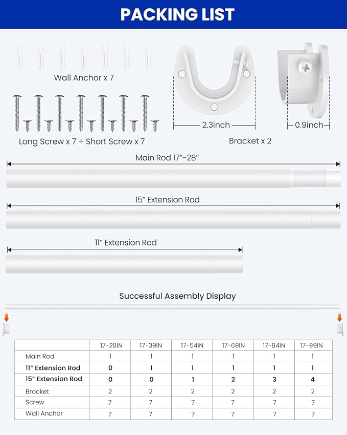 Supforce Closet Rods for Hanging Clothes, 17 to 129 Inches Stepless Adjustable Metal Closet Rod, 1.3 Inches Heavy Duty Clothes Hanging Rod for Closet Wardrobes Laundry RV, White