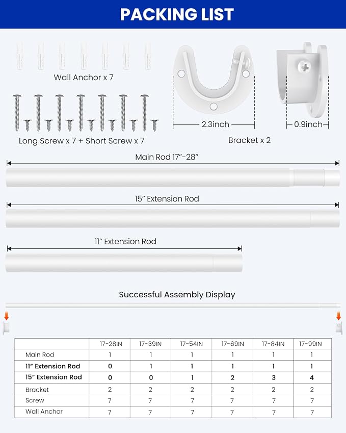 Supforce Closet Rods for Hanging Clothes, 17 to 99 Inches Stepless Adjustable Metal Closet Rod, 1.3 Inches Heavy Duty Clothes Hanging Rod for Closet Wardrobes Laundry RV, White
