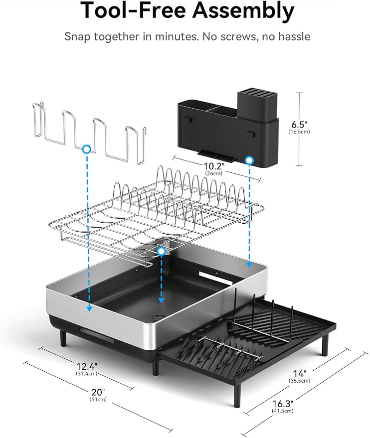 SUNLY Large Dish Drying Rack, Expandable Dish Rack for Kitchen Counter, 304 Stainless Steel Space Saving Dish Drainer with Multifunctional Flip Up Pegs