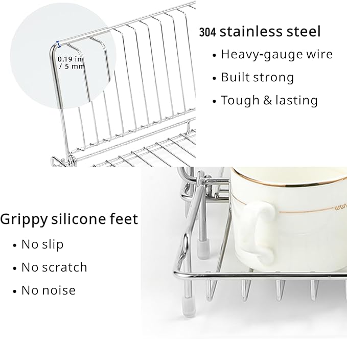 Collapsible Dish Drying Rack with Green Drying Mat, Small Expandable Dish Drying Rack, Compact Dishes Drying Rack for Kitchen Counter - Foldable, Stainless Steel, Silver