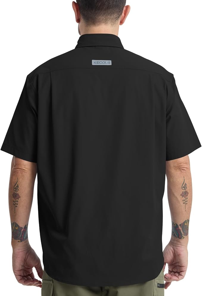 Mens Regular Fit Work Utility Shirt Midweight Short Sleeve Work Wear | Midweight stretch work shirt with reflective trim, 2 secure chest pockets, moisture-wicking comfort, easy-care fabric