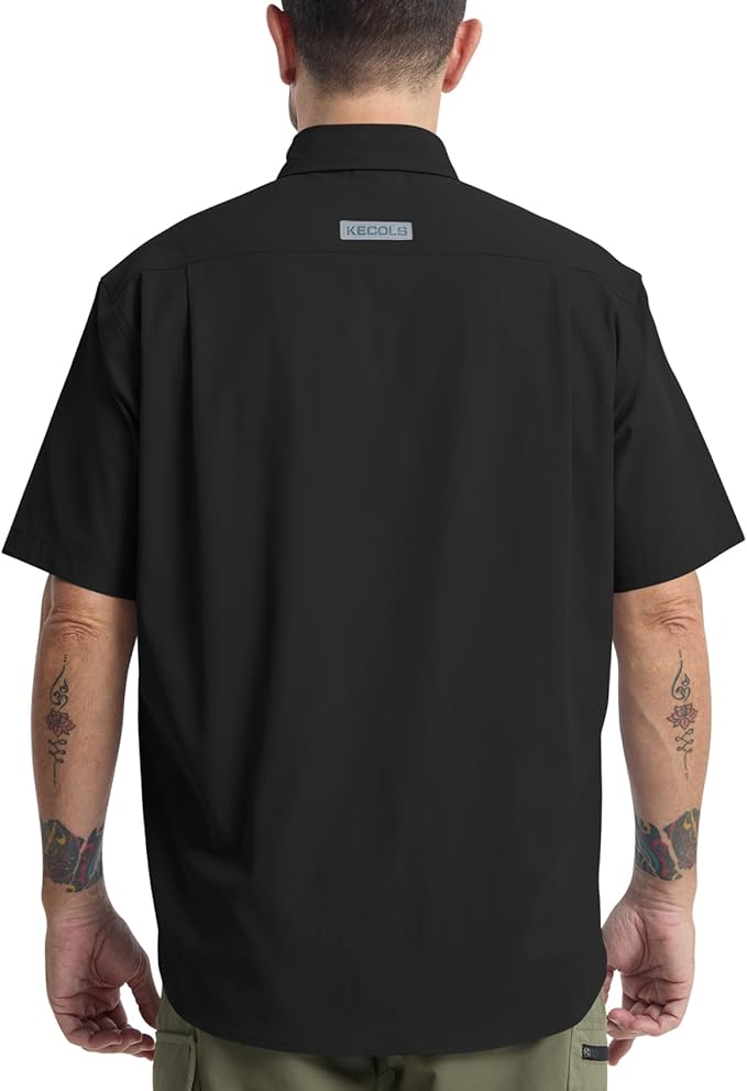Mens Regular Fit Work Utility Shirt Midweight Short Sleeve Work Wear | Midweight stretch work shirt with reflective trim, 2 secure chest pockets, moisture-wicking comfort, easy-care fabric