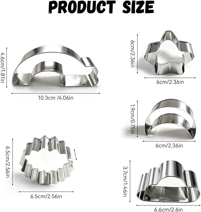 5Pcs Stainless Steel Cookie Cutters, Food Grade 5 Shapes | Kid-safe stainless steel; Star/moon/sun/cloud/rainbow shapes; For cookies, pancakes, playdough; Rolled edges.