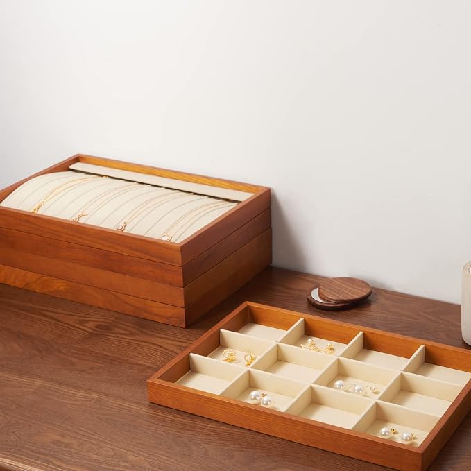 Oirlv 8 Line Wood Ring Storage Tray Jewelry Drawer Organizer Showcase Ring Earrings Display Holder(Creamy-white) | Stackable Design,Jewelry Earrings and Rings Organizing and Presentinge Legantly on Dressers&in Dresser,Display for vendors