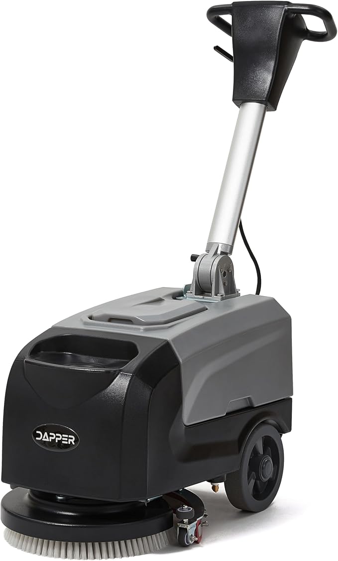 Battery Powered Walk Behind Floor Scrubber Buffer Polisher Machine with Foldable Handle 15 inch Brush 19 inch Squeegee Width 4.5 gal Tank Includes a Hard Brush and 3 Scouring pads