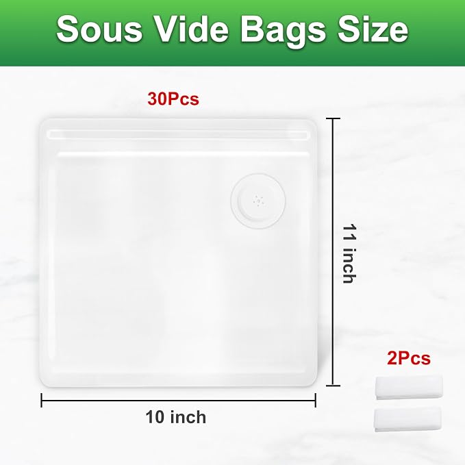 Higfra Reusable BPA Free Vacuum Sealer Bags (11 * 10in), 30 Pcs & 2 Seal Clips, Upgraded Valve Plastic, Clear, Double Zipper Seal, Microwaveable, Food Storage, Cooking