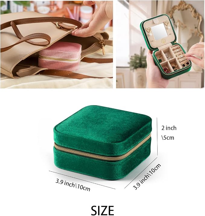 ZPROW Plush Velvet Travel Jewelry Case, Travel Jewelry Organizer, Jewelry Travel Case, Travel Jewelry Box, Small Jewelry Case, Jewelry Travel Box, Earring Organizer with Mirror - Emerald Green 4packs