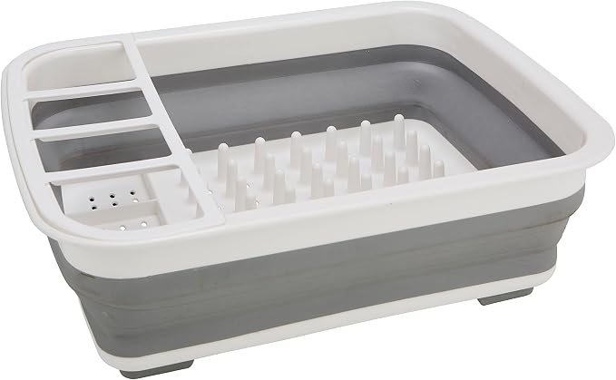 Kitchen Details Collapsible Dish Drying Rack | Space Saver | Aerated Bases Drain Holes | Plates, Bowls, Utensils Compartments | Countertop and Sink Storage | White/Grey