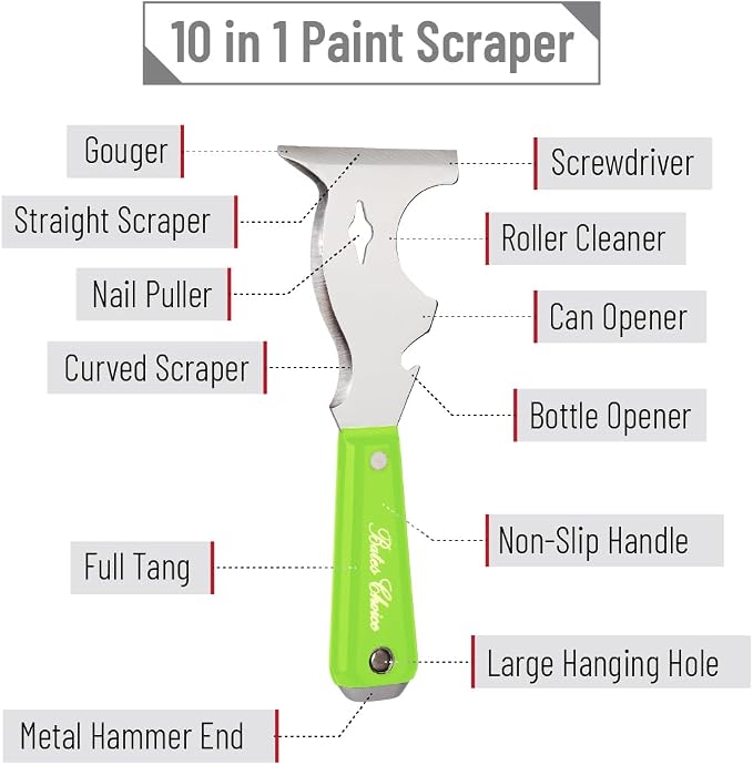Bates- Paint Scraper, 10 in 1 Painters Tool, Green Handle Paint Scrapers for Wood, Painters Tool, Painters Knife, Paint Scraper for Painting, Putty Knife, Metal Scraper, Spackle Knife, Putty Scraper