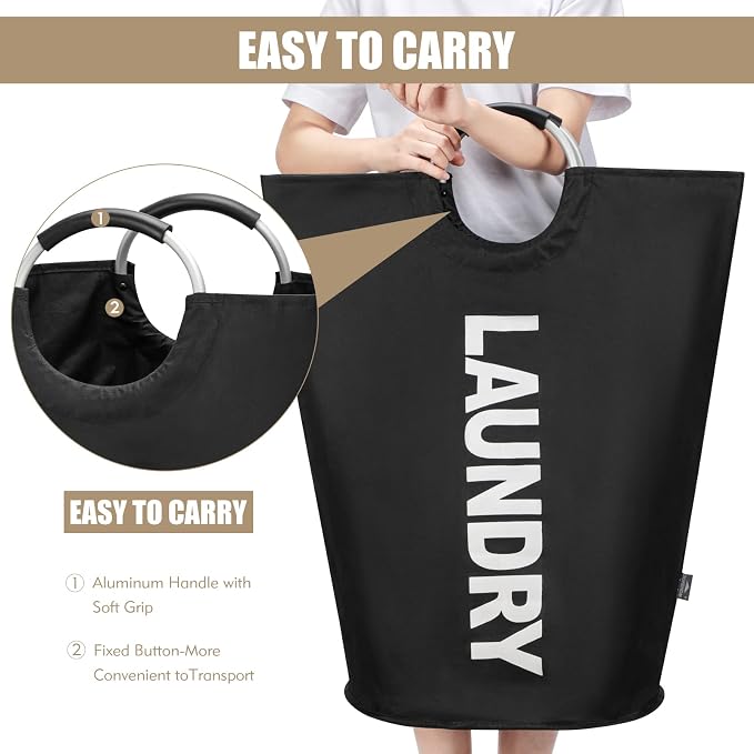 DOKEHOM 90L Large Laundry Basket Bag, Collapsible Tall Hamper, Black | Freestanding tall washing bin & foldable laundry bag. High-capacity clothes storage basket with durable sturdy handles