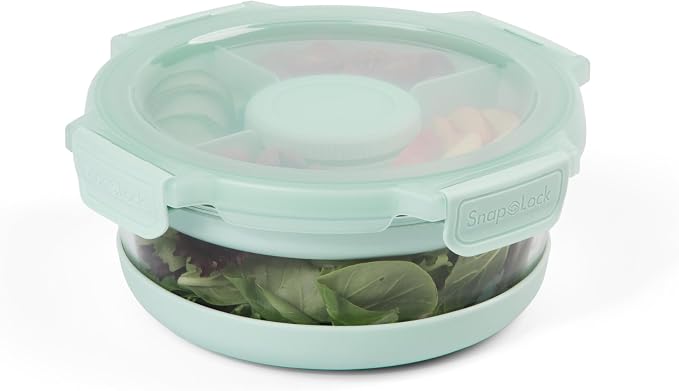 SnapLock Glass Food Storage Salad Container with Divided Upper Tray and Dressing Container, Used for Meal Prep or Lunch On-The-Go, Mint