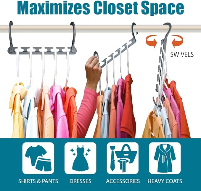 Max 10-Pack Space-Saving Cascading Hangers, 360° Swivel Hooks, Grey | Maximize closet space with 10 assembled cascading hangers and reinforced 360° swivel hooks—ideal for dorms and storage.