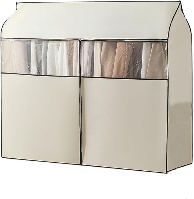 Clothing Rack Cover, Hanger Covers, Non-Woven with 3 Way Zipper, Large Transparent Window, Top Seal for Single Pole Clothes Drying Rack(Beige,60x50x120cm/24x20x47in)