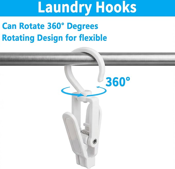 20 PCS Laundry Hooks with Clips Super Strong Plastic Home Travel Swivel Hanging Hanger Closet Organizer Clamps Socks Boot Bras Towels for Bathroom Wardrobe Kitchen Office - 4.3 Inches (White)
