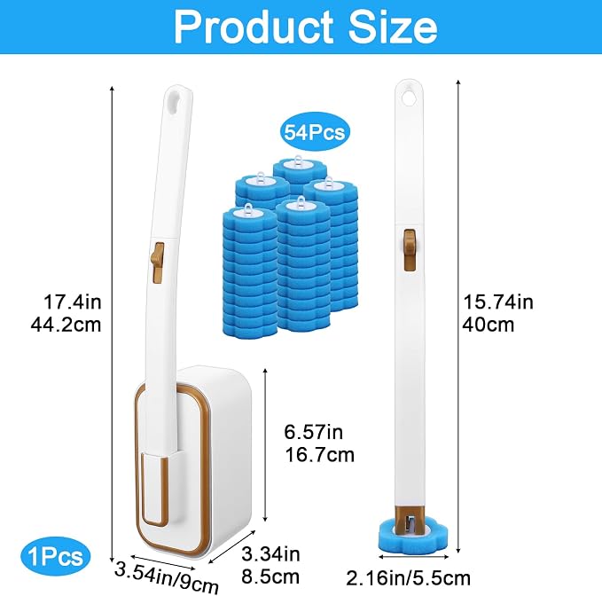 Disposable Toilet Brush with 54 Pcs Refill Heads and Holder– Includes Storage Caddy&Toilet Bowl Wand, Wall-Mount Scrubbing Toilet Brush Bathroom Cleaning Kit (1 Wand & 54 Refills)