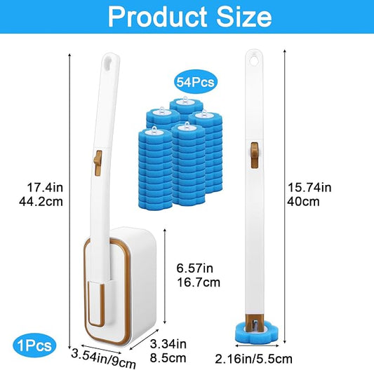 Disposable Toilet Brush with 54 Pcs Refill Heads and Holder– Includes Storage Caddy&Toilet Bowl Wand, Wall-Mount Scrubbing Toilet Brush Bathroom Cleaning Kit (1 Wand & 54 Refills)