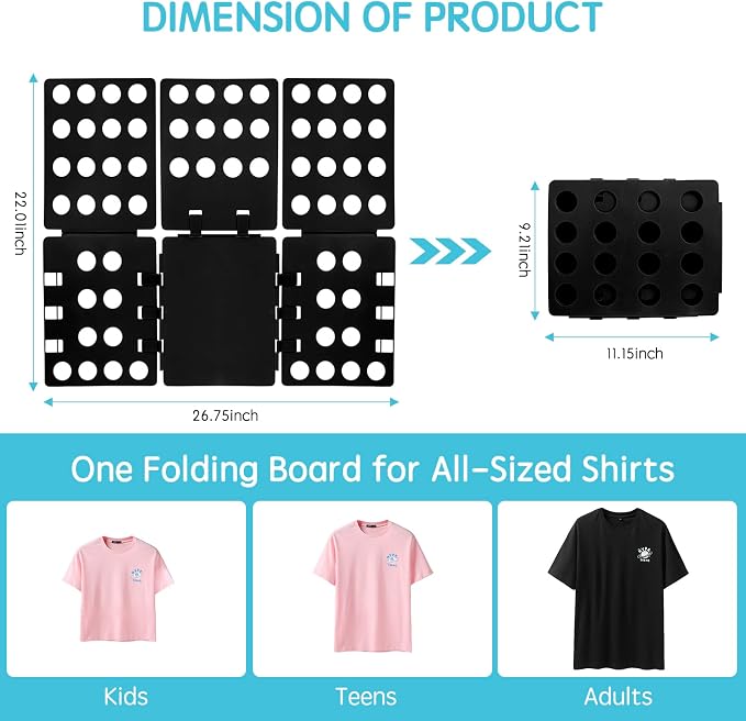 GYE T-Shirt Folding Board, Plastic Clothes Folder for Kids & Adults, Black | Durable plastic construction, fast and easy clothes folding, suitable for kids and adults, convenient home laundry organizer