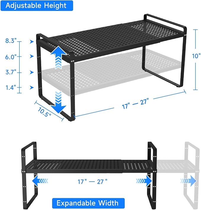 Expandable Cabinet Shelf Organizers, Kitchen Small Stand Rack Organization for Countertop Cupborad Pantry Desktop Spice Rack, Black 2 Pack
