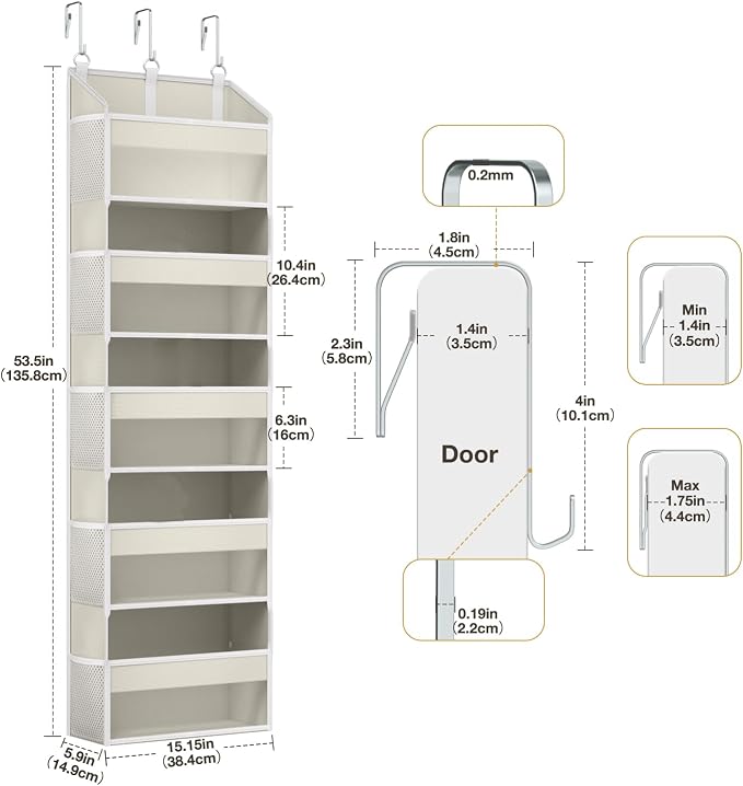 Over the Door Organizer with 5 Front & 10 Mesh Side Pockets, Versatile 5 Shelf Hanging Door Organizer 50lb Capacity Extra Large Storage Space-Saving with 3 Hook for Closet, Kitchen, Pantry, Beige