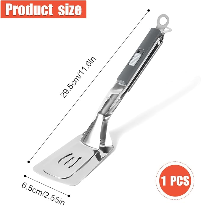 Extended Handle Spatula Tongs, 11.6 Inch Long Anti-Scald Stainless Steel Grill Clamp Spatula Food Flipping Cooking Serving Tongs Spatula for Steak Pancakes Barbecue Burgers Pizza (Gray)