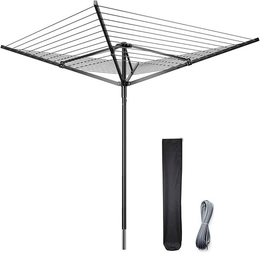 Enayplon 4-Arm Umbrella Clothes Drying Rack, 164 FT Rotary Outdoor Clothesline, Height Adjustable Foldable Laundry Dryer with Ground Spike & Waterproof Protective Cover for Backyard Patio Garden