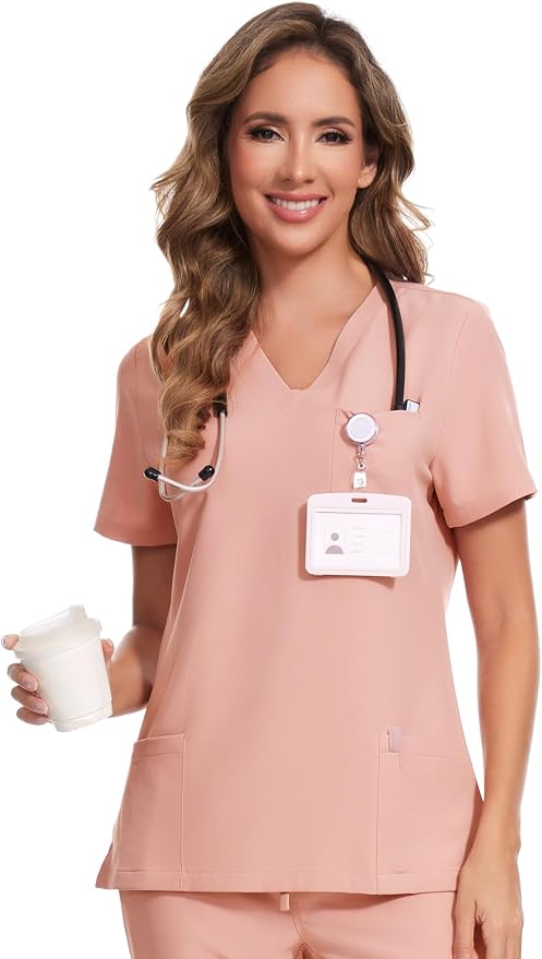 Scrubs Tops for Woman - Soft Stretch, V-Neck Tops | 3 Pockets, Side Split Design, Short Sleeve, Breathable & Lightweight Nursing Shirt, Easy-Care Fabric for All-Day Comfort