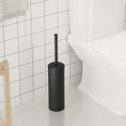 BESy Toilet Brush and Holder, Toilet Cleaner Bowl Set with Two Brush with Extra Long Handle, Durable Bristles Toilet Scrubber and Covered Holder, Drip-Proof Stainless Steel Matte Black