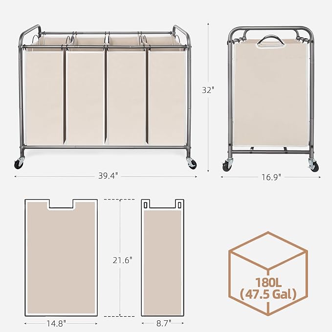 STORAGE MANIAC Laundry Sorter 4 Section, 47.5 Gal (180 L) Laundry Hamper with Wheels, Clothes Divider Basket Sorter, Separator Hamper Cart with Removable Bags, Beige