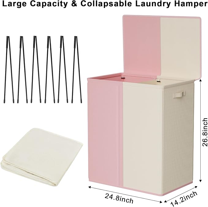 WOWLIVE Double Laundry Hamper with Lid, 154L Large Laundry Basket Organizer | Collapsible Dirty Clothes Hamper 2 Section, with Removable Laundry Bags for Laundry Room, College Dorm, Pink and Beige