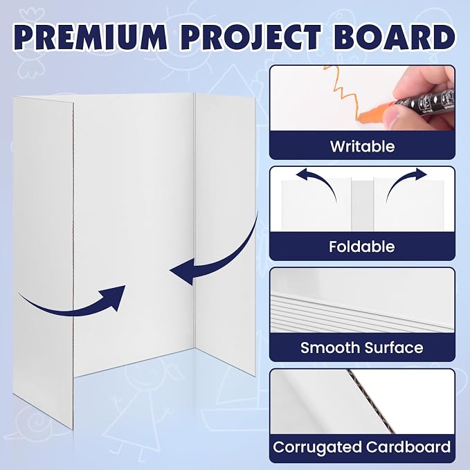 40 Pack Trifold Poster Board, 16in x 24in Corrugated Project Board, White Presentation Board, Trifold Display Board for School Project, Business Presentation, Science Fairs, Event Display