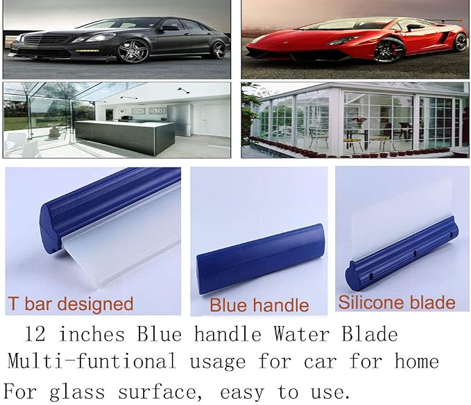 Car Squeegee 12 Inch Flexible T-Bar Water Blade, Silicone, Blue | Squeegee for Car or Home Glass Shower Glass Mirror Door Car