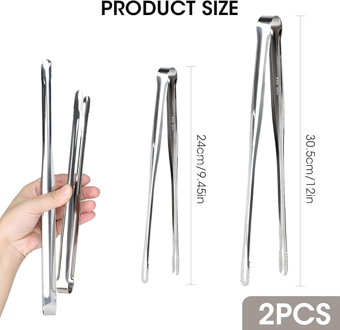 Precision Serrated Non-Slip Tips Cooking Tongs, 2 Pack Stainless Steel Cooking Tongs - Korean BBQ Tongs Long-Handled Anti-Slip Food Clips for Grilling, Frying & Serving