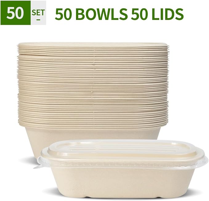 32 oz Disposable Meal Prep Containers with Lids 50 Pack | Disposable Food Containers with Lids, Compostable and Microwavable Togo Lunch Boxes for Meal Prep, Take Out, 50 Bowls 50 Lids