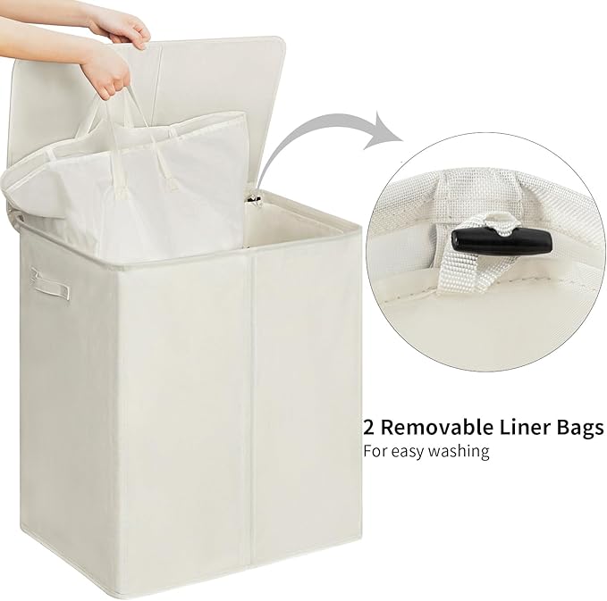 WOWLIVE 180L Double Laundry Hamper 2 Section with Lid and Removable Bags | Divided Laundry Basket, Large Dirty Clothes Hamper with Handle, Collapsible Laundry Storage for Dorm Room, College, Beige