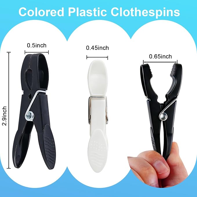 Clothes Pins, 48 Pack Black White Plastic Clothespins, Clothes Pins Heavy Duty Outdoor, Non-Slip Laundry Clips for Hanging Clothes, Towels, Crafts, Clips for Picture, Chip Bags