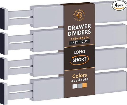 4-Pack Bamboo Drawer Dividers - 12.2 to 17.3 Inches Deep, 2.6 Inches High, Adjustable Expandable Drawer Organizer Dresser Separator for Clothes, Utensils, Kitchen, Bathroom, Office Storage, Gray
