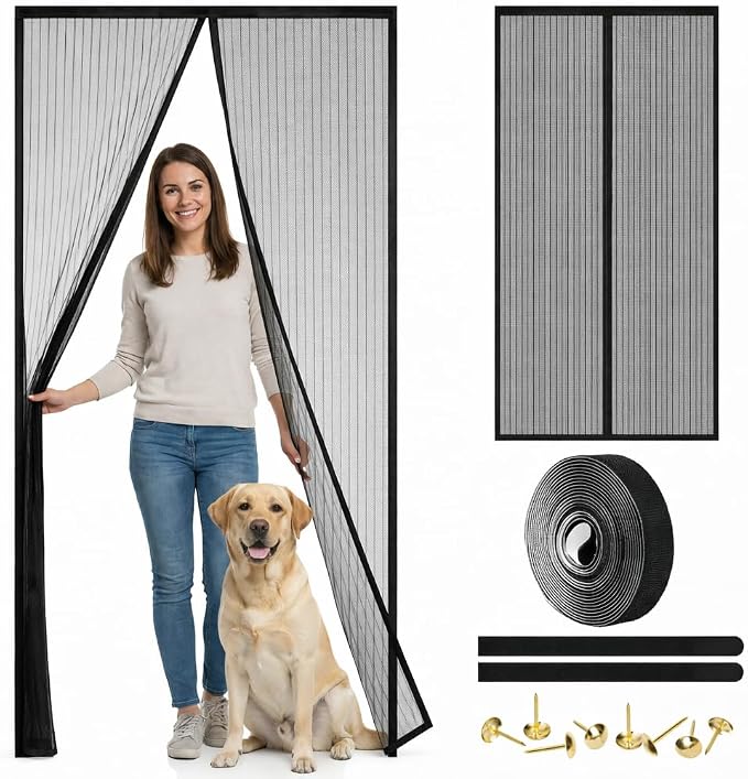 Magnetic Screen Door - Self Sealing, Heavy Duty, Hands Free Mesh Partition Keeps Bugs Out Let Breeze in- Pet and Kid Friendly - Keep Open Feature (Black, Fit Door Size 38 x 80 Inch)
