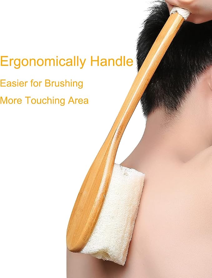 Leotruny 100% Natural Exfoliating Loofah with Long Wooden Handle | Shower Back Brush