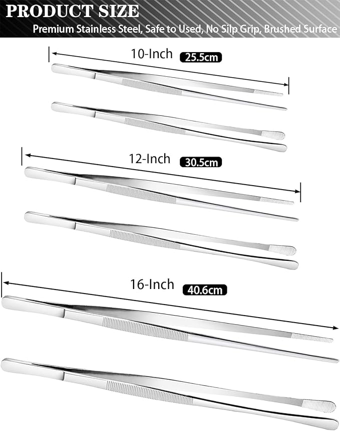JETKONG 2 Pcs 16'' Tweezer Tongs, Extra Large Food Tweezers, Extra Long Kitchen Tweezers for Cooking Repairing and BBQ (16-Inch, Silver)