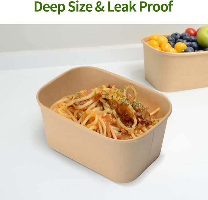 35 oz Paper Meal Prep Containers with Lids 50 Pack Hot and Cold Use | Microwavable Meal Prep Containers Disposable for Food Prep, Freezer Storage and Catering Take Out, 50 Bowls 50 Lids