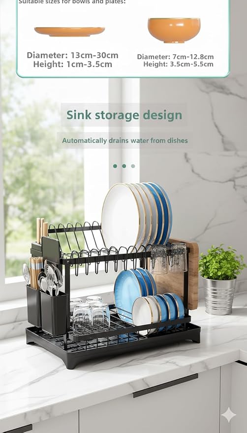 2-Tier Dish Drying Rack for Kitchen Counter, Carbon Steel Space-Saving Drying Rack with Adjustable Drain Pipe & Cutlery Holder, for Small Kitchen Apartment RV